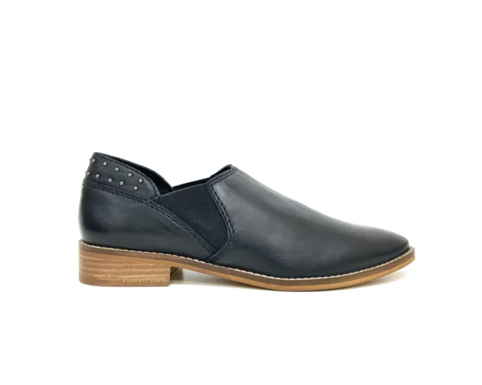 Kate Black Dress Shoes - Stylish Women's Leather Loafers with Metallic Studs & Block Heels