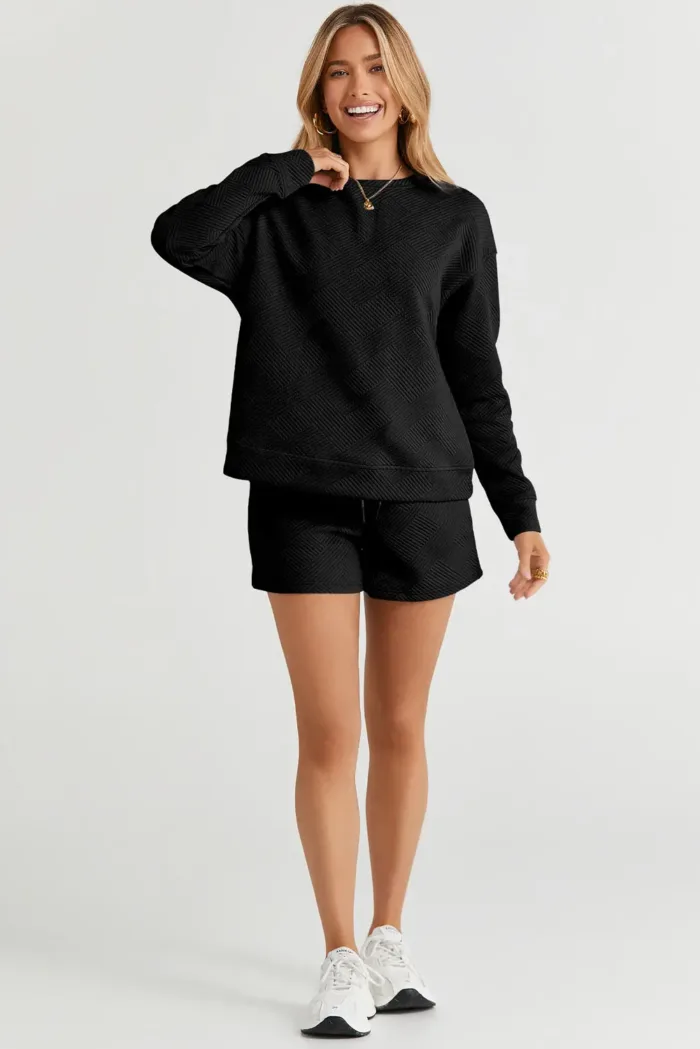 Adalyn Textured Long Sleeve Top and Drawstring Shorts Set - Imagen 5