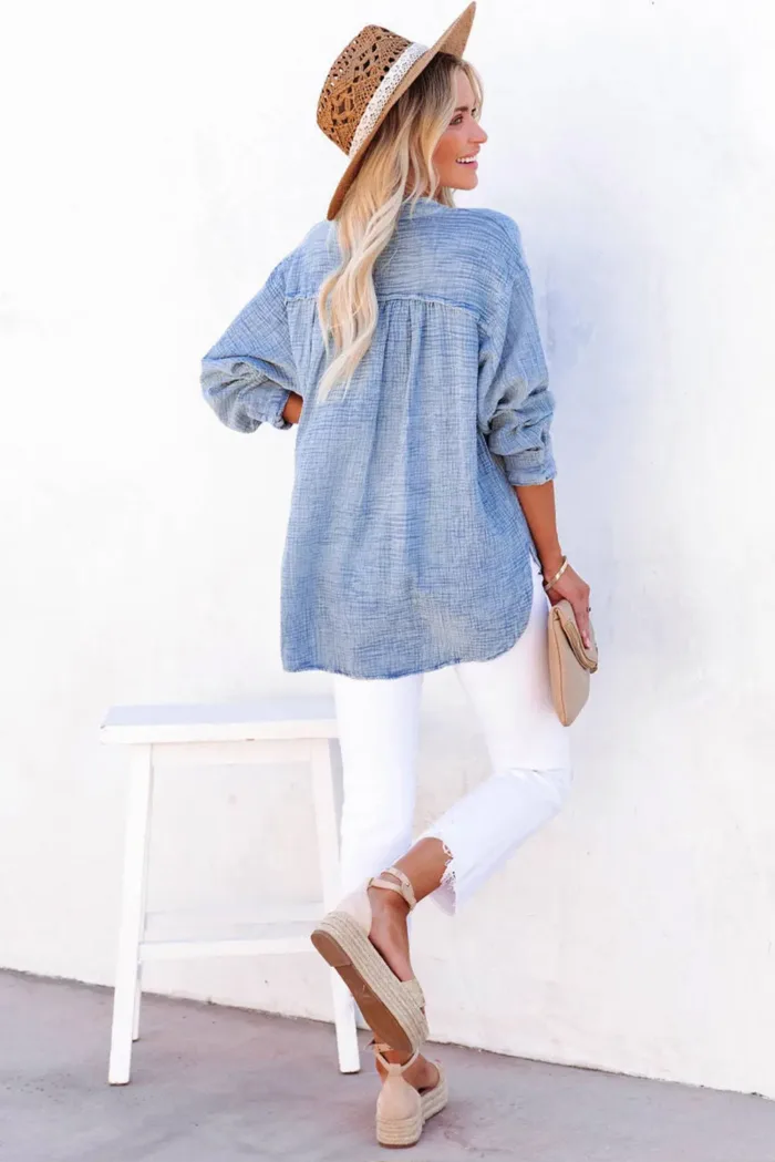 Naomi Crinkle Textured Loose Henley Top - Imagen 5