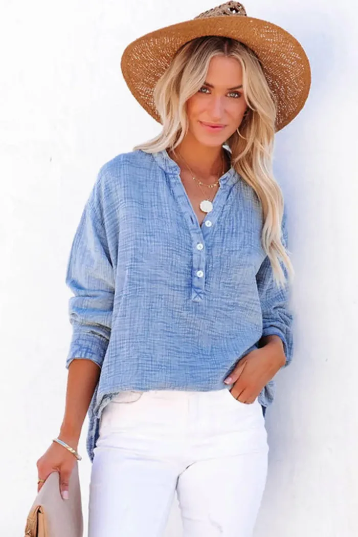 Naomi Crinkle Textured Loose Henley Top - Imagen 6