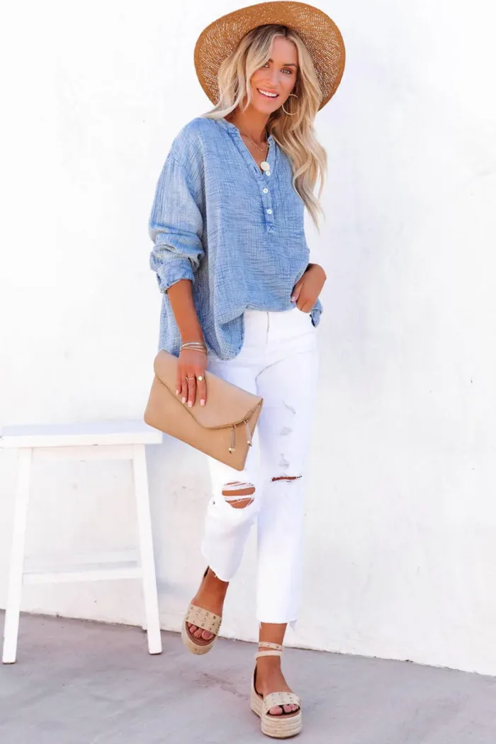 Naomi Crinkle Textured Loose Henley Top - Imagen 8