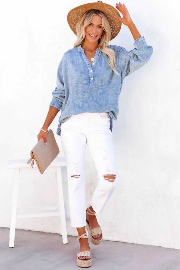 Naomi Crinkle Textured Loose Henley Top - Imagen 9