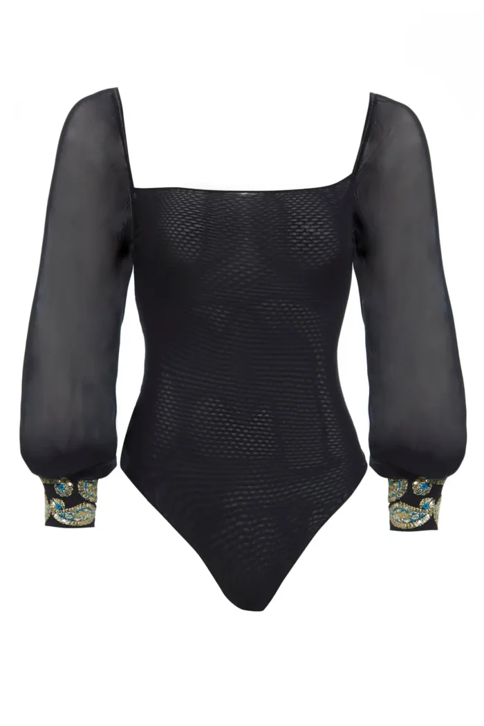Black Mesh Bodysuit Long Sleeve